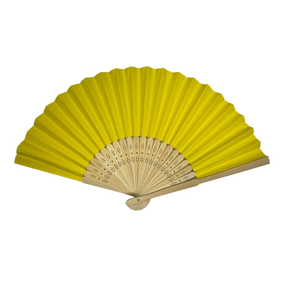 image 1 of Yellow Paper Foldable Hand Held Bamboo Wooden Fan by Parev