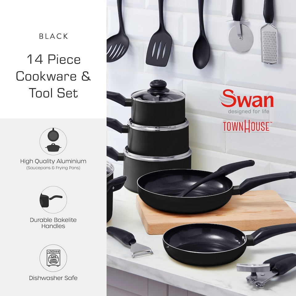image 1 of Swan Townhouse 14 Piece Aluminium Cookware and Tool Set with 16/18/20cm Saucepans with Glass Lids and 20/26cm Frying Pans, Black