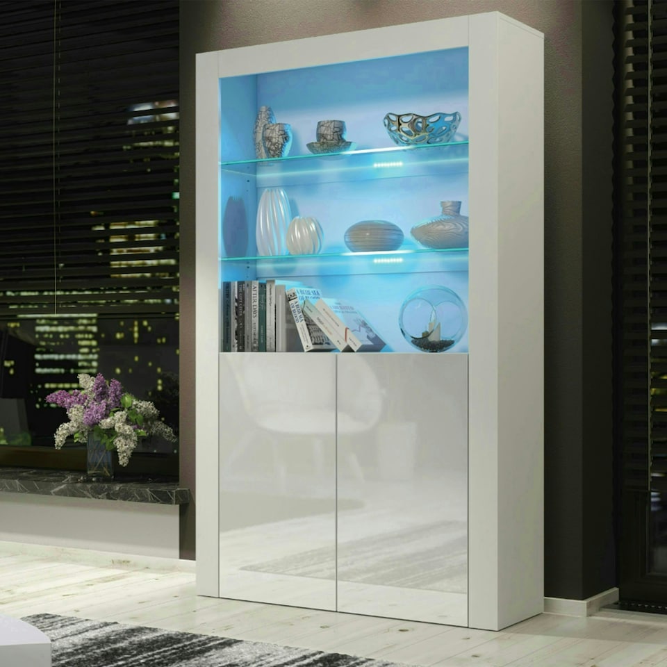 image 1 of White Display Cabinet 100cm Gloss Doors Free LED Modern Tall Unit White