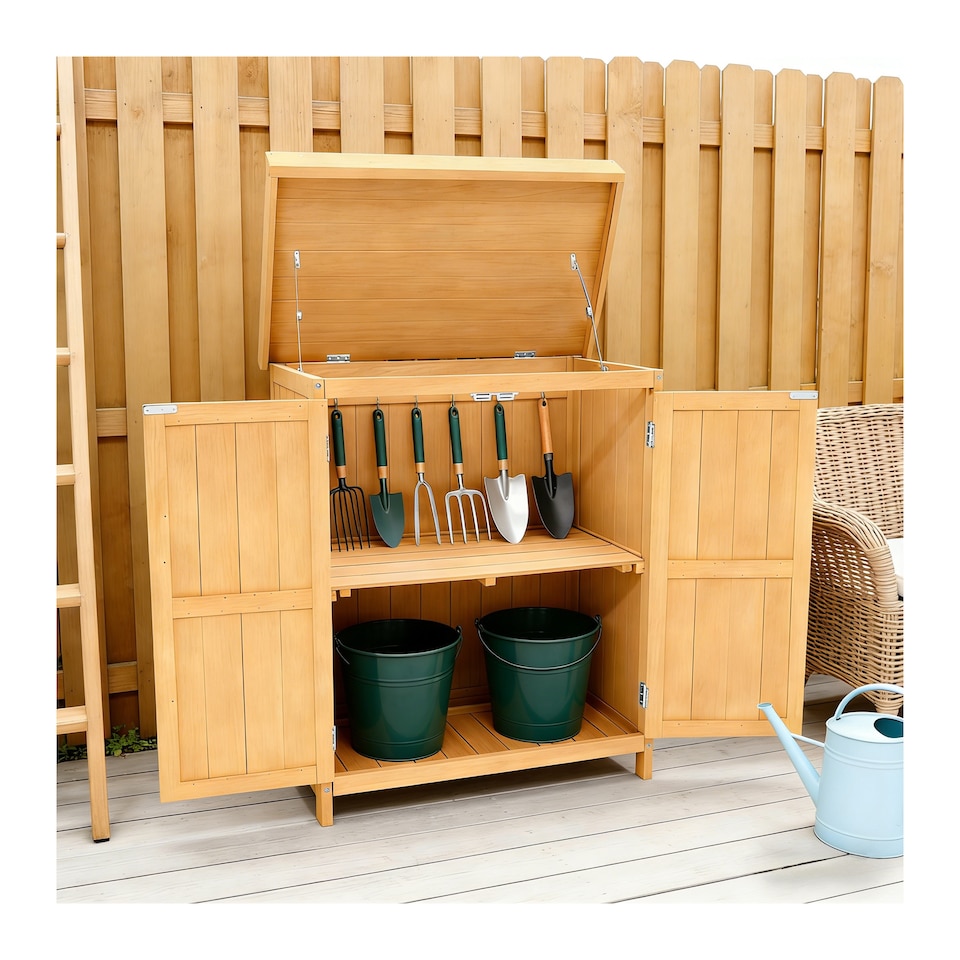 image 1 of Groundlevel Double Front Doors Wooden Garden Potting Shed With Internal Shelf | Cream | Natural