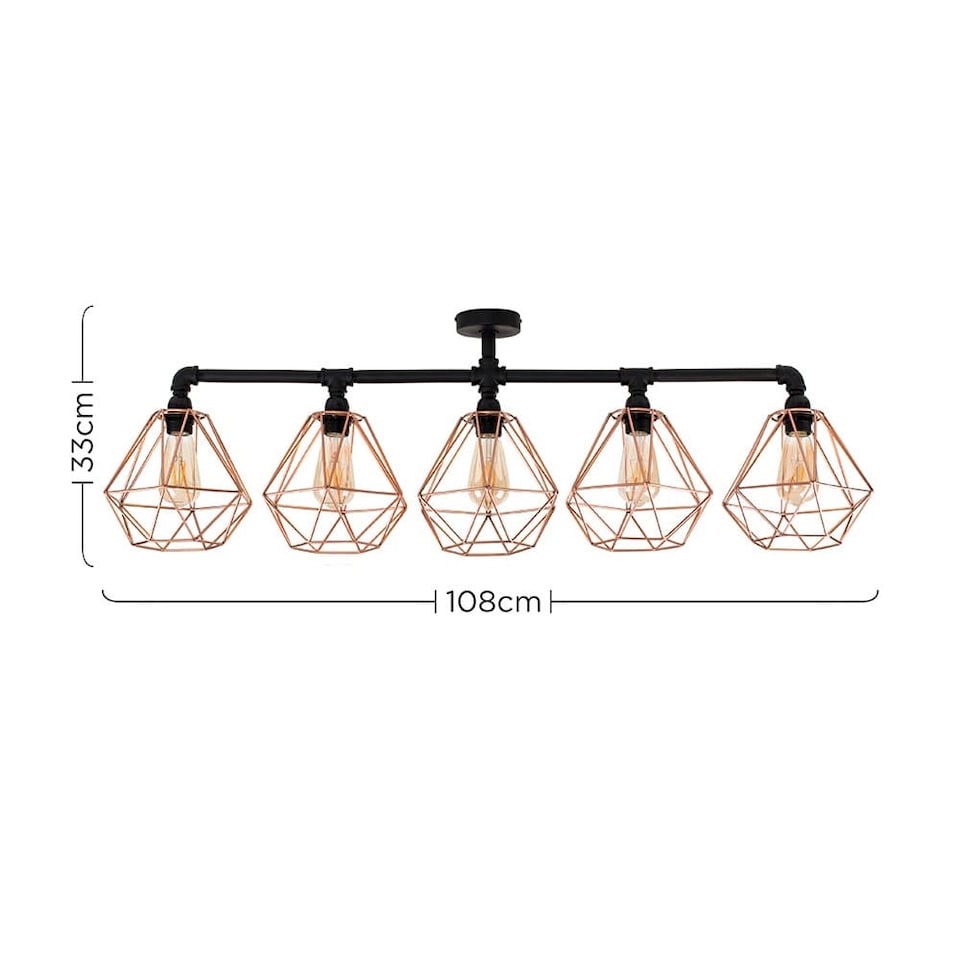 image 1 of ValueLights Luiggi 5 Way Black Ceiling Bar Diablo Copper Wire Shades and Bulbs