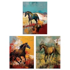 Set of 3 Wild Horses Oil Paintings Galloping Wilderness Canada Wall Art Print A4