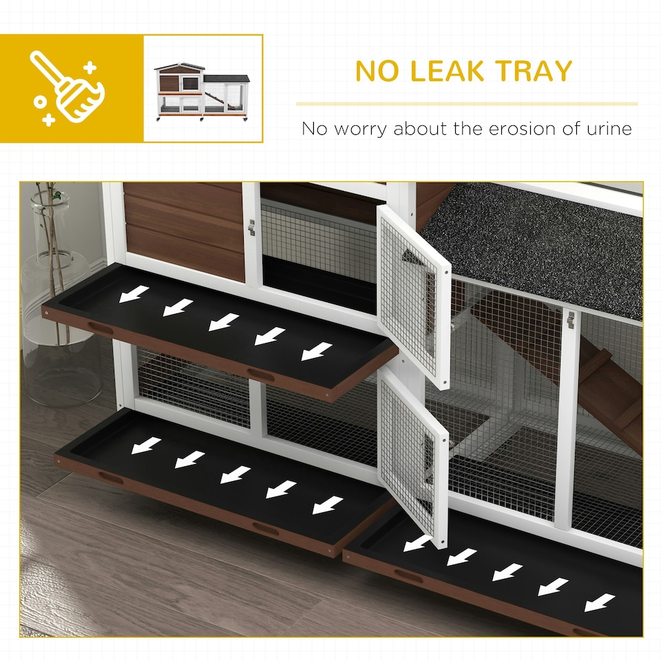 image 1 of PawHut Rabbit Hutch, Bunny Cage Outdoor 2-Tier w/ Wheels & Tray, Brown