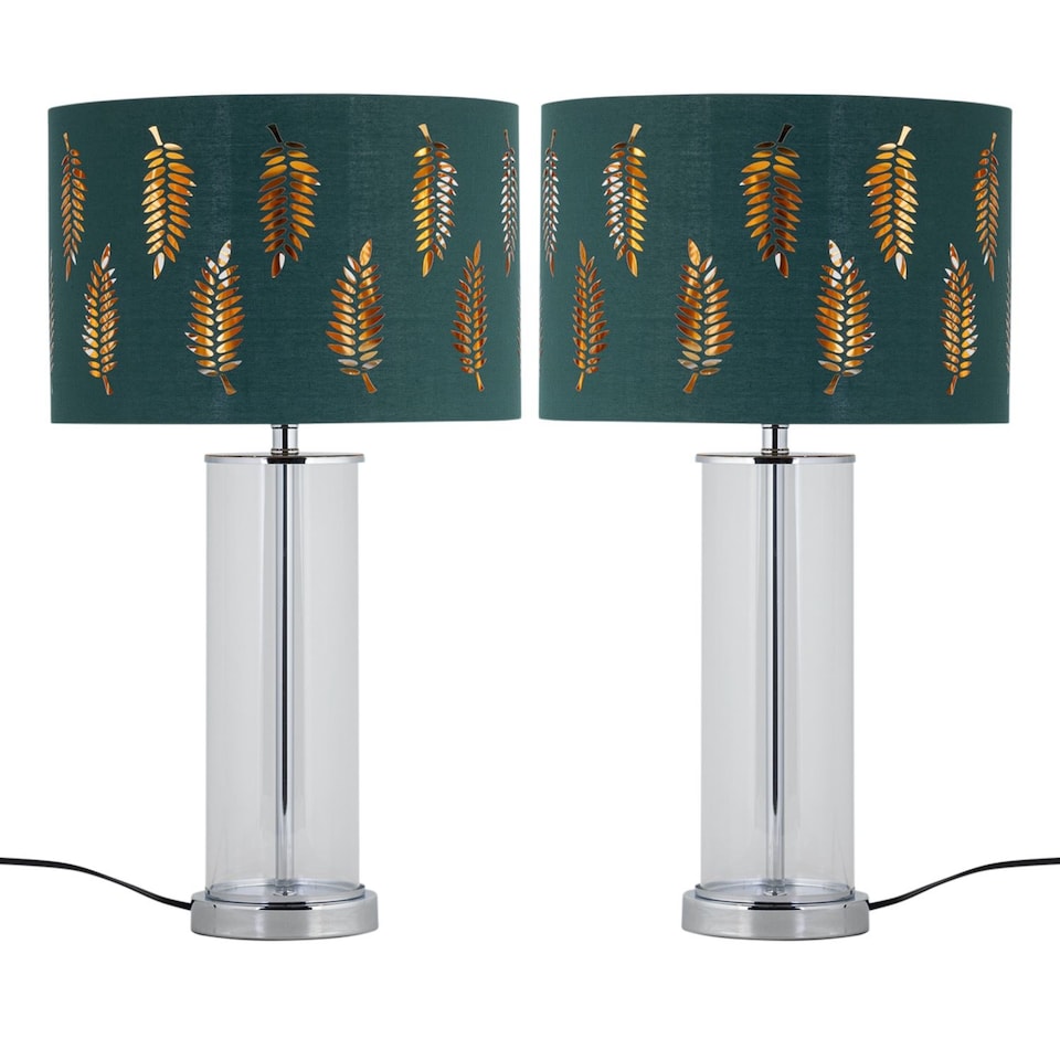 image 1 of Set of 2 Aura - Chrome Table Lamps with Green Fern Cut Out Shades | Chrome | Green | Large | 2