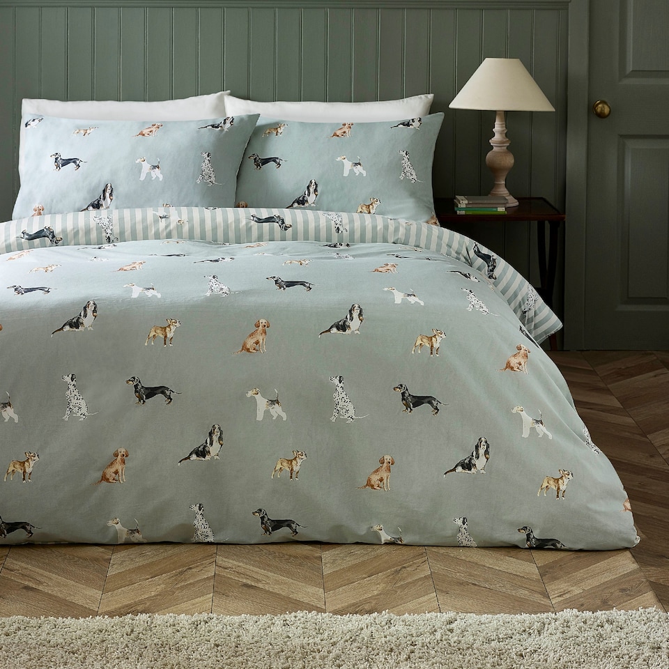 image 1 of Catherine Lansfield Dog Stripe Reversible Duvet Cover Set