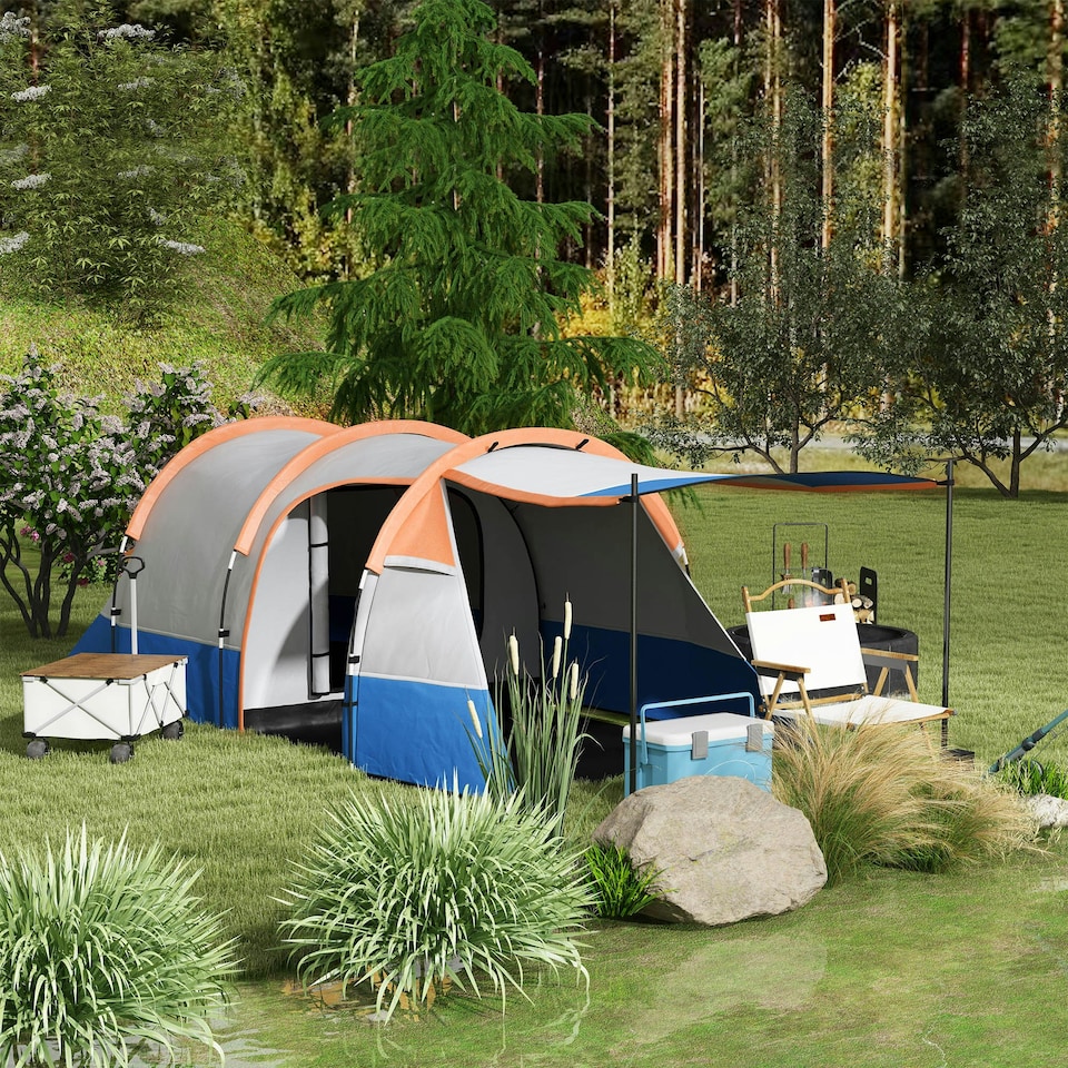 image 1 of Outsunny 2-3 Man Camping Tunnel Tent with Bedroom and Living Room, Orange