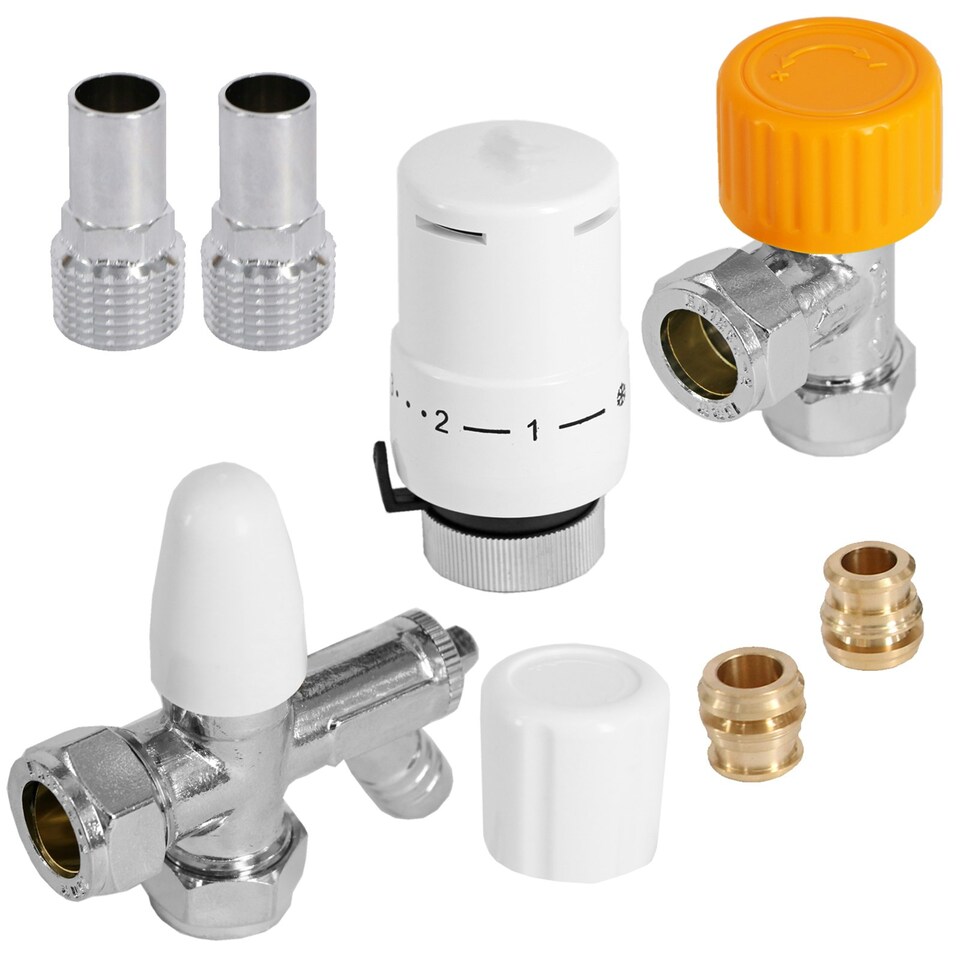 image 1 of SPARES2GO Thermostatic Radiator Valve Chrome Rad Valves Set Drain Off Lockshield