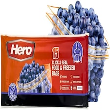 Hero Sealable Freezer Bags 1.5L Pack of 15 Large Click Lock Food Storage Bags BPA Free for Fruits, Vegetables and Meal Prep