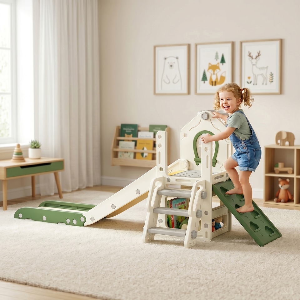 image 1 of AIYAPLAY Foldable 5 in 1 Kids Slide with Climber and Basketball Hoop, Cream