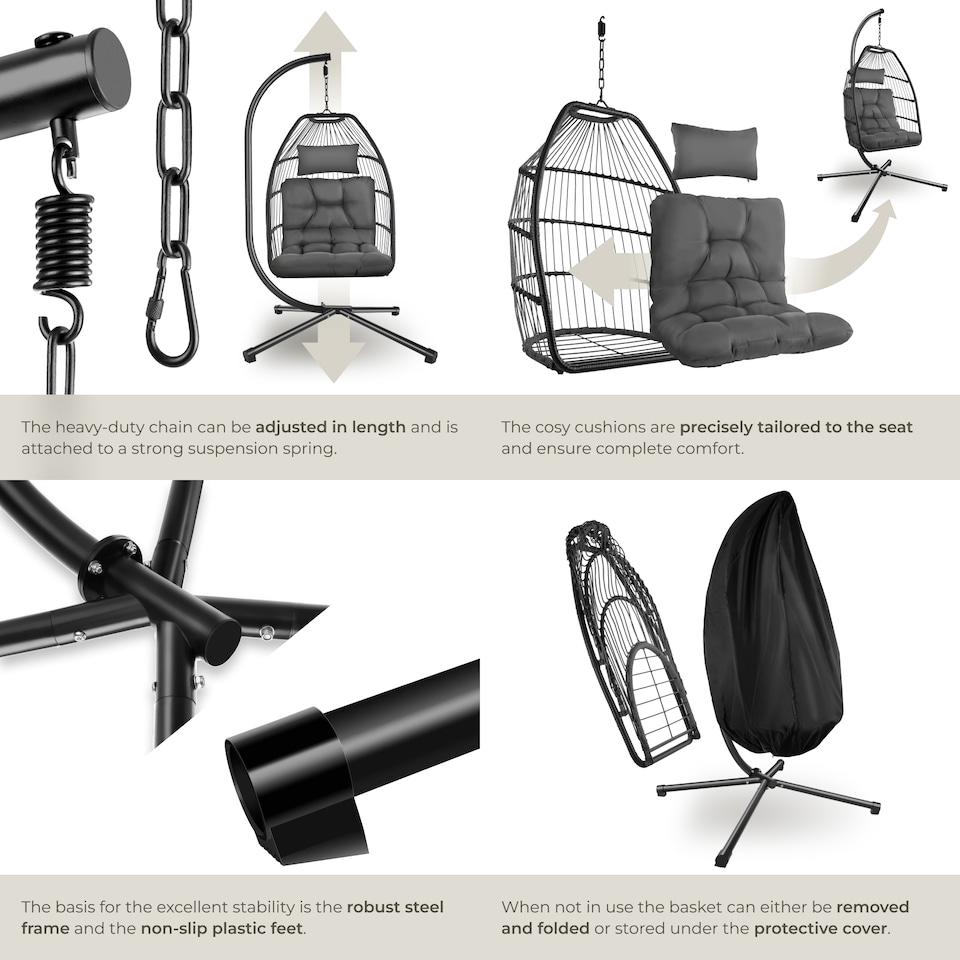 image 1 of Egg Chair Ariane - swing seat with frame, thick cushions, protective cover | Grey | dark grey | One Size | 1