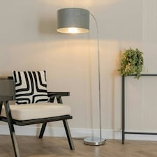 ValueLights Curva Chrome Arched Floor Lamp with Grey Velvet and Chrome Inner Lamp Shade
