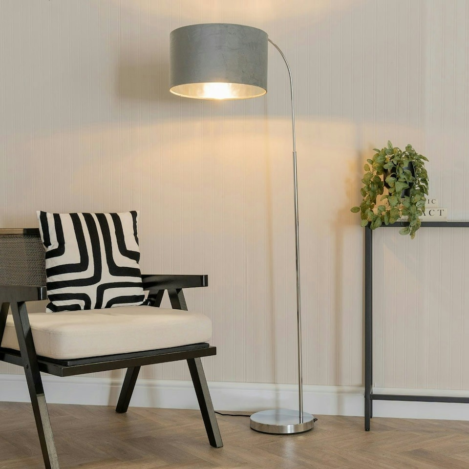 image 1 of ValueLights Curva Chrome Arched Floor Lamp with Grey Velvet and Chrome Inner Lamp Shade