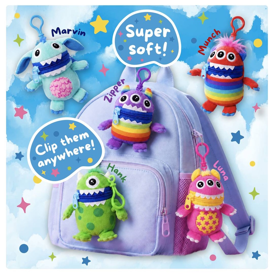 image 1 of Kids Worry Yummy Monster Clip-On Keyring Bag Charm Pram Pack of 5 Multicoloured Soft Toy Set