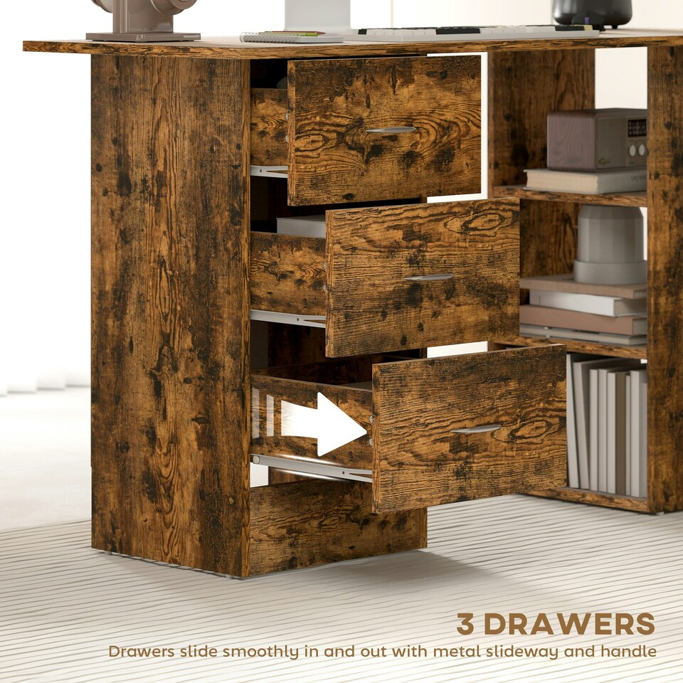 image 1 of HOMCOM 120cm Computer Desk, Study Table with 3 Shelf & Drawers, Rustic Brown | Brown | Rustic | 120W x 49D x 72H cm