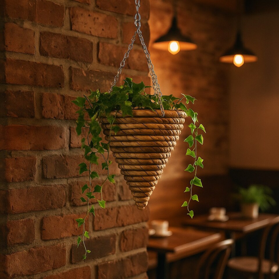 image 1 of Green Blade Rope Cone Hanging Basket - 30cm - Planter Flower Pot Plant Pot Hanger | Brown | Brown