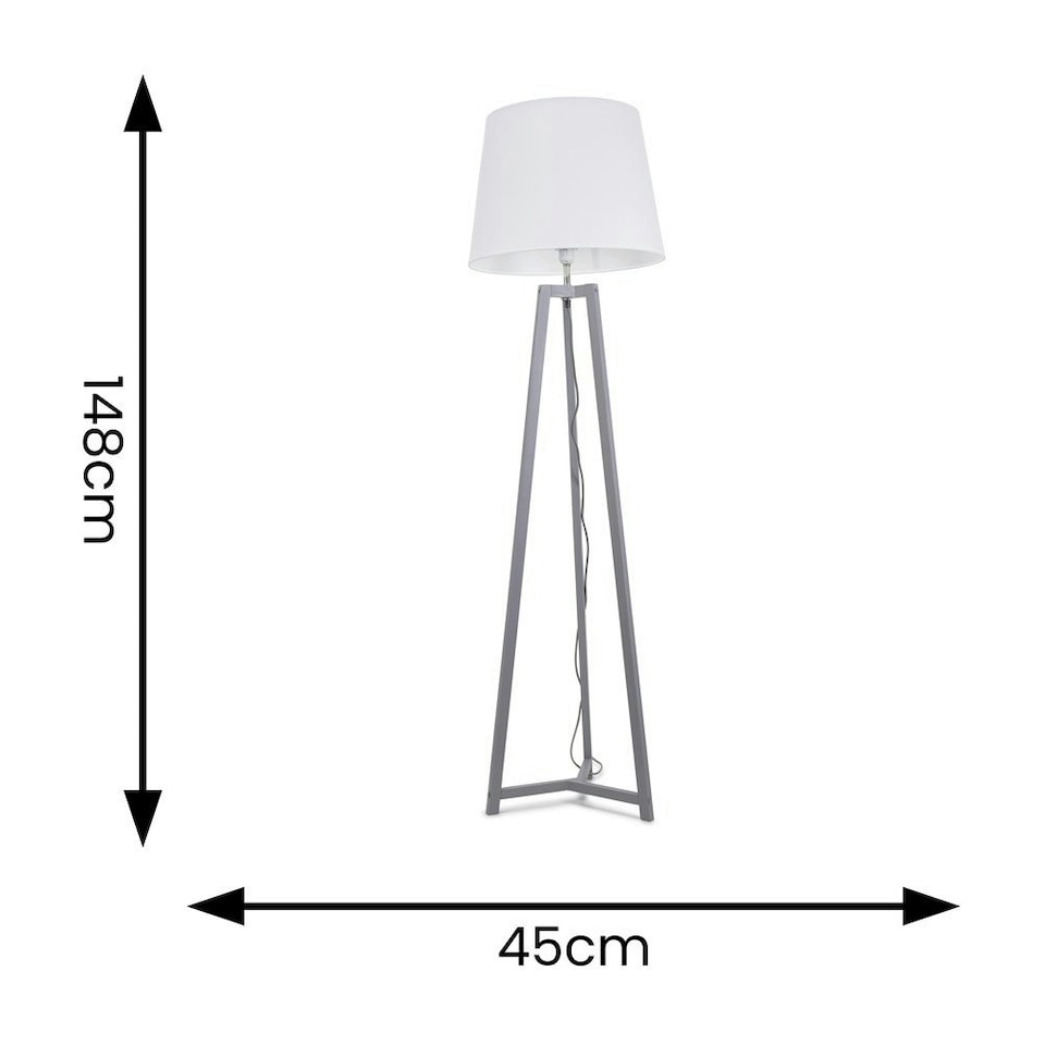 image 1 of ValueLights Lottie Grey Wood Tripod Floor Lamp with White Fabric Tapered Shade and LED Bulb