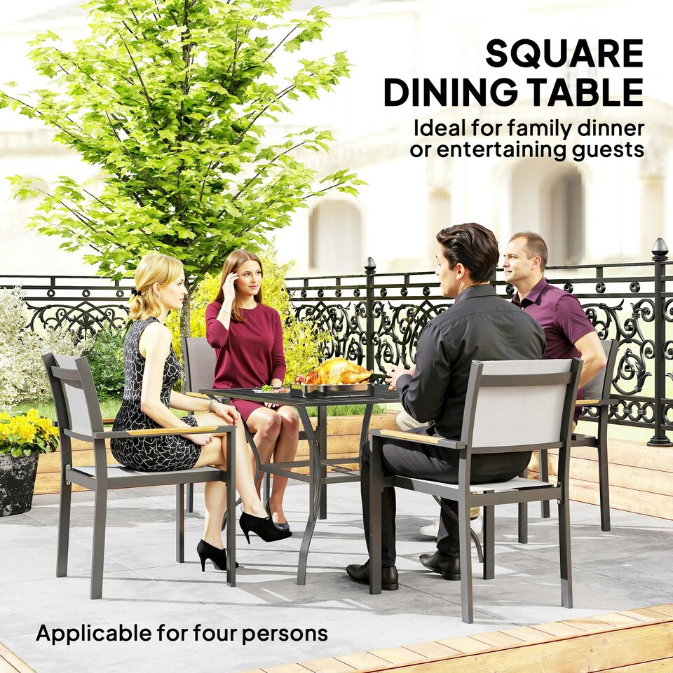 image 1 of Outsunny Garden Table with Parasol Hole for Four, Slatted Metal Plate Top Grey