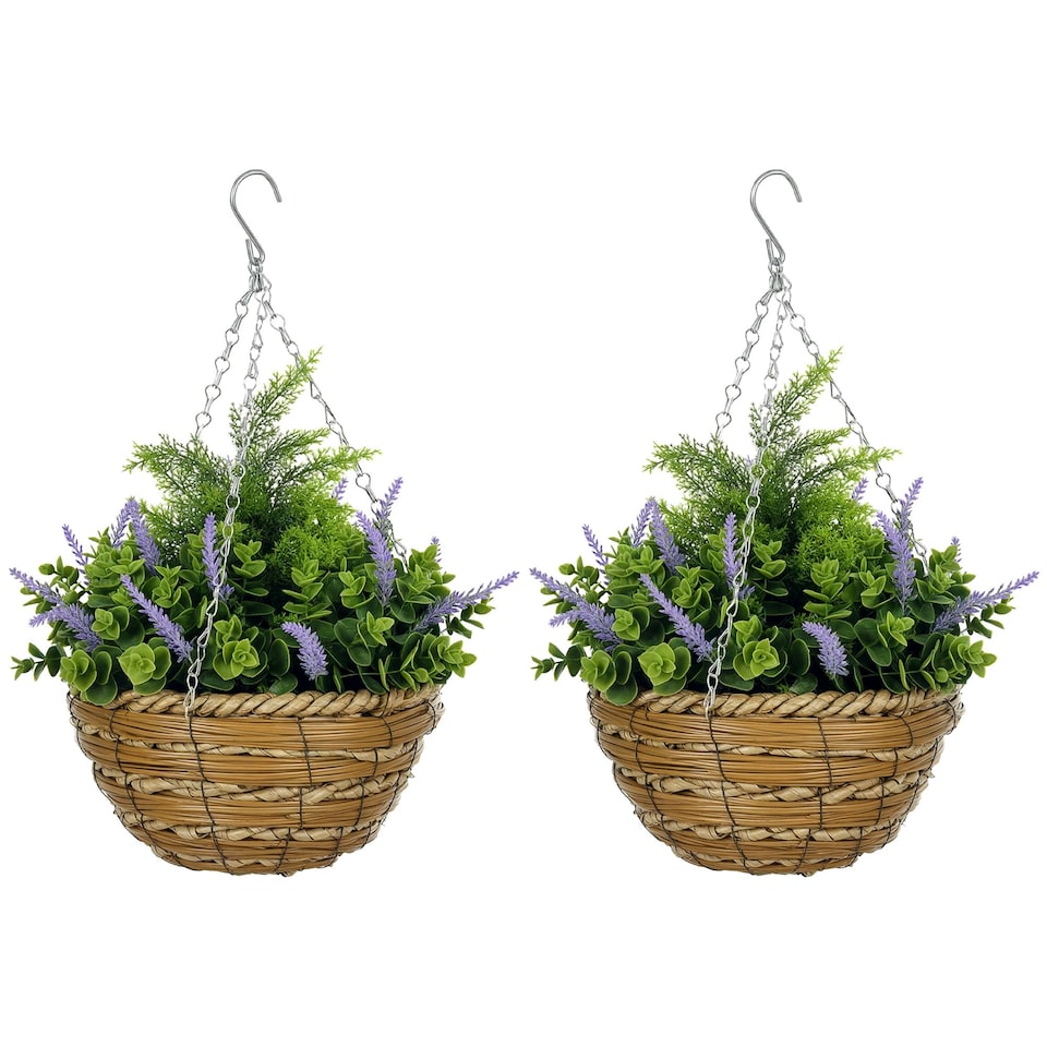image 1 of Outsunny 2 PCs Artificial Lisianthus Flower Hanging Planter Basket Home