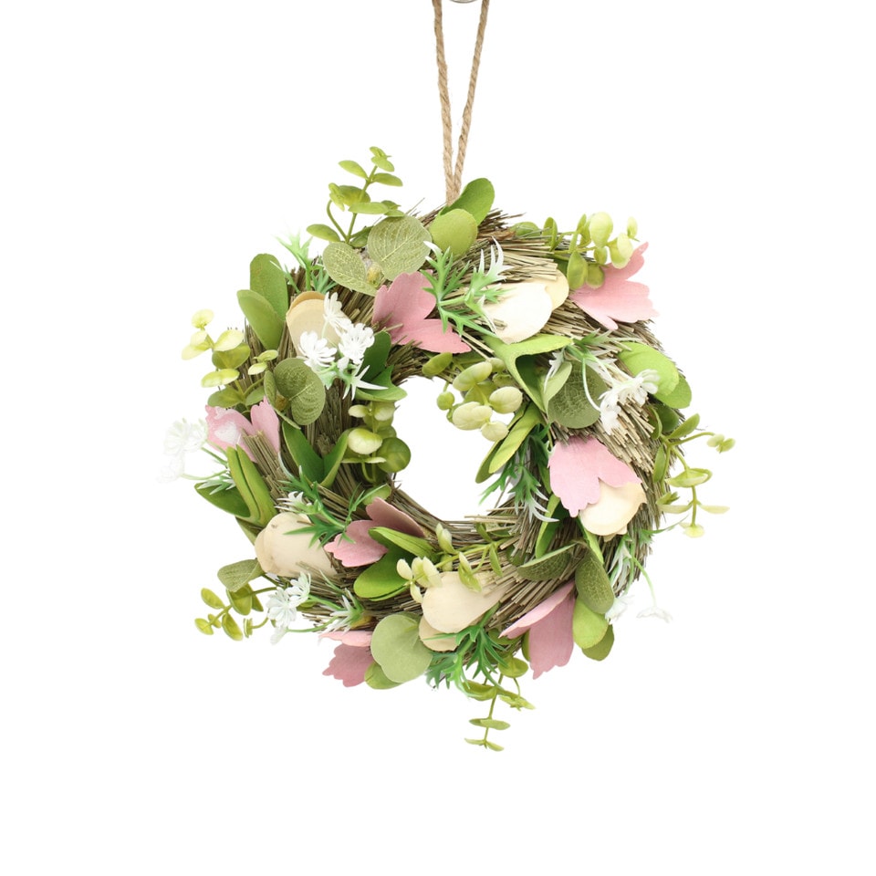 image 1 of Hanging Door Wreath Round Spring Easter Christmas Wall Decor Traditional Festive | Multi | Green, Cream & Pink | 34cm | 1
