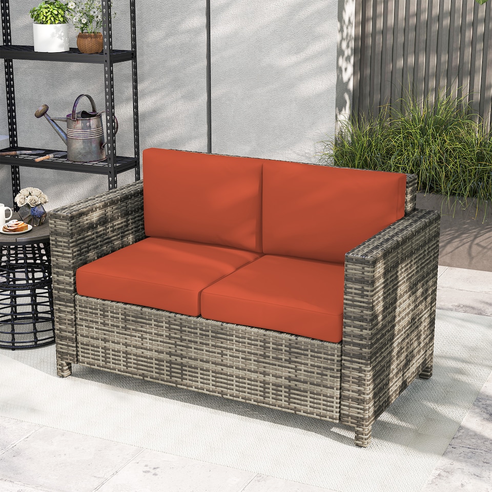 image 1 of Outsunny Rattan Sofa, 2 Seater Garden Furniture with Soft Padded Cushion and Armrests, Wicker Garden Loveseat for Patio, Grey | Grey | Two Seater