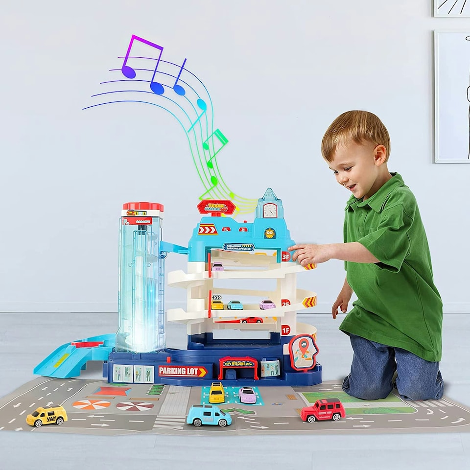 image 1 of 2-in-1 Garage Track Set with Elevator, 12 Mini Cars, Music & Lights – Kids Car Playset for Ages 3+
