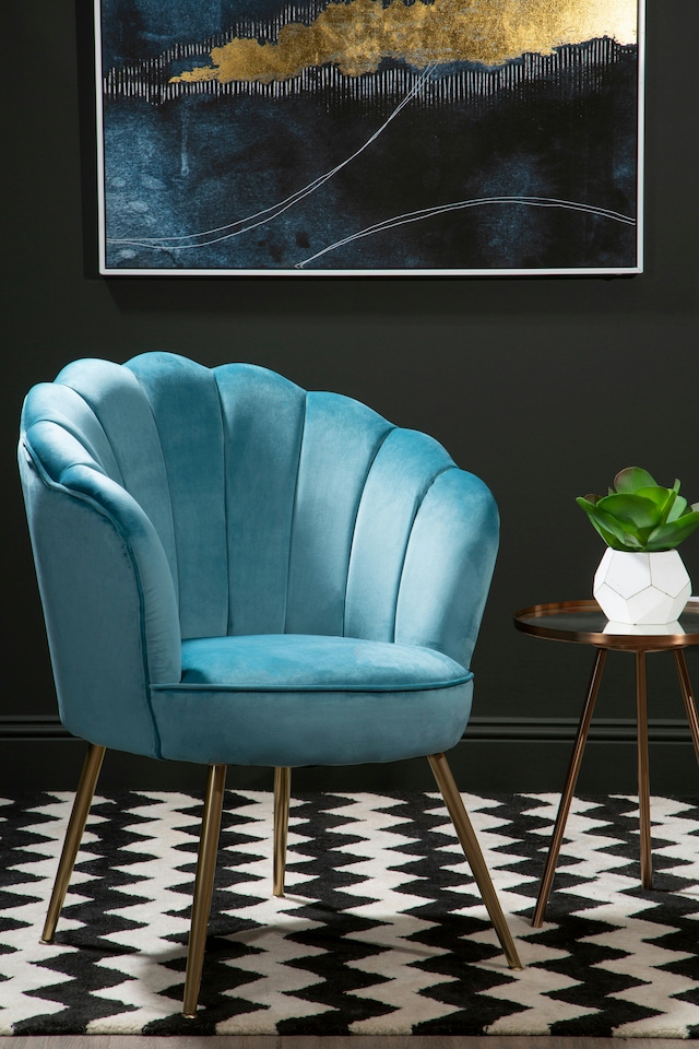 image 1 of Interiors by Premier Aqua Velvet Scalloped Armchair, Supportive Armrest Lounge Chair, Easy to Clean Velvet Accent Chair