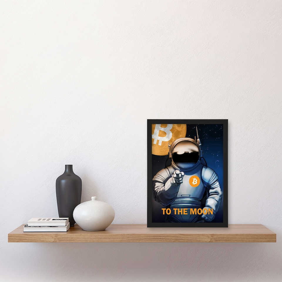 image 1 of Bitcoin Moon Crypto Astronaut Satoshi Man Black Framed Wall Art Print A4