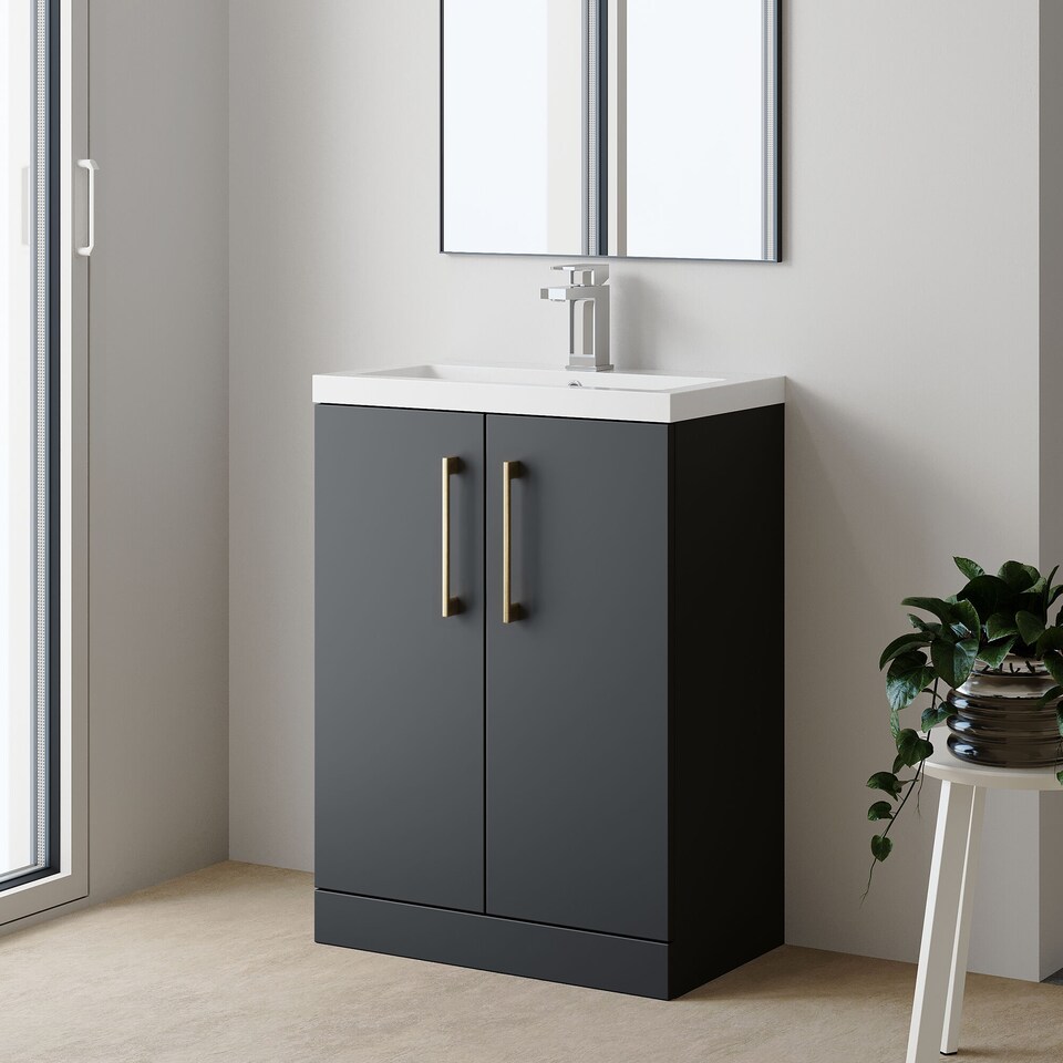 image 1 of Balterley Level Compact Bathroom Cloakroom Vanity Basin Unit with Polymarble Basin, Handles | Black | Satin Soft Black | 840 x 605 x 360mm