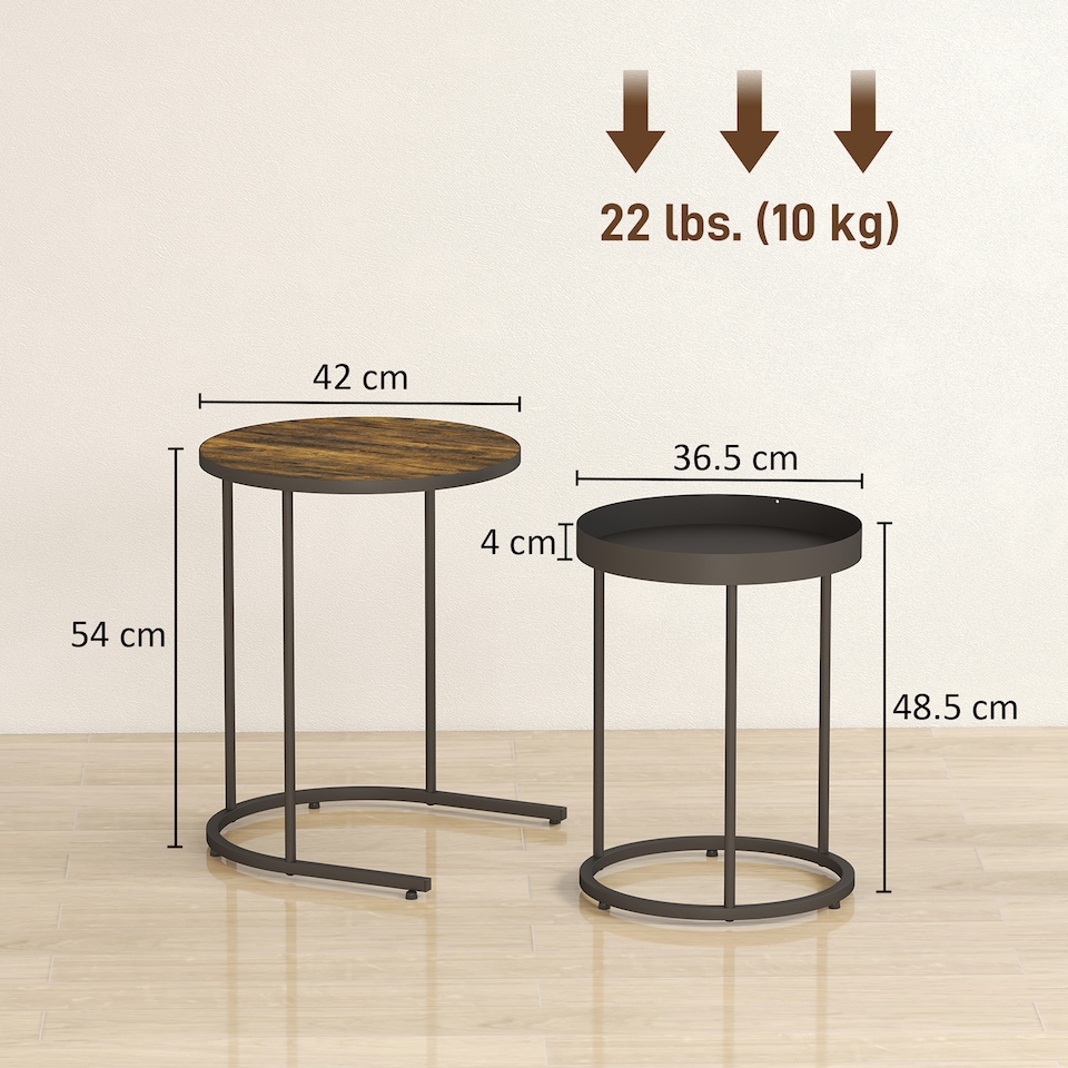 image 1 of HOMCOM Nesting Side Table Set of 2, Industrial Round Nest of Tables with Tray Tabletop and Metal Frame for Living Room, Bedroom, Home Office, Rustic Brown | Brown
