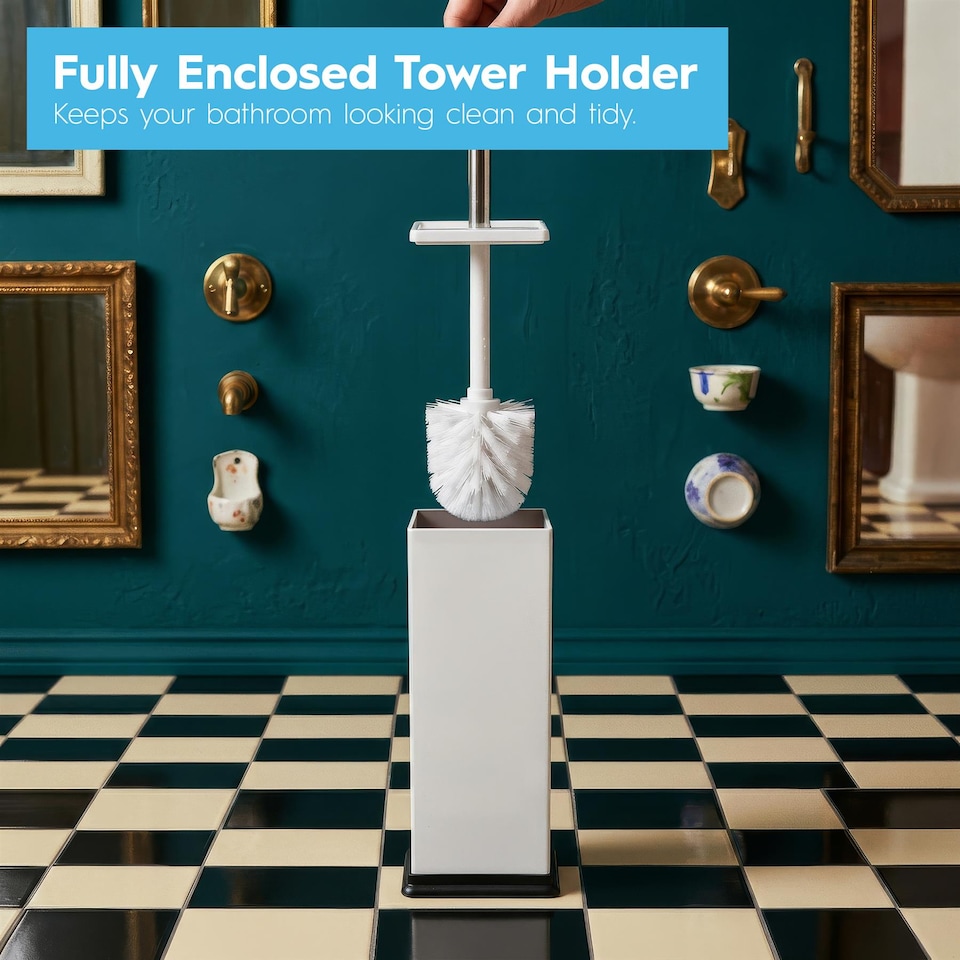 image 1 of Harbour Housewares White Toilet Brush and Holder - Square Brush with Non Slip Base Rust Resistant Toilet Cleaning Brush Set