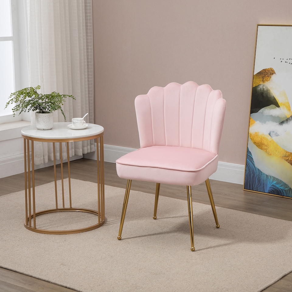 image 1 of HOMCOM Shell Luxe Velvet Accent Chair with Gold-tone Metal Legs, Modern Vanity Chair for Living Room, Bedroom, Home Office, Pink