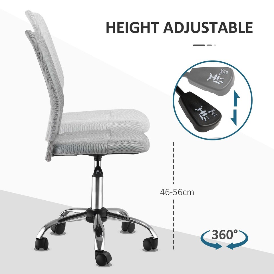 image 1 of Vinsetto Mesh Back Armless Office Chair with Adjustable Height, Wheels Grey