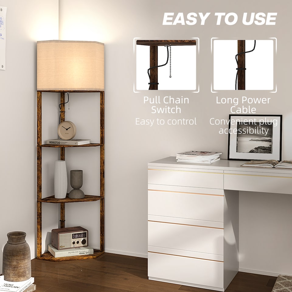 image 1 of HOMCOM Corner Modern Floor Lamp with Shelves for Living Room, Rustic Brown | Brown