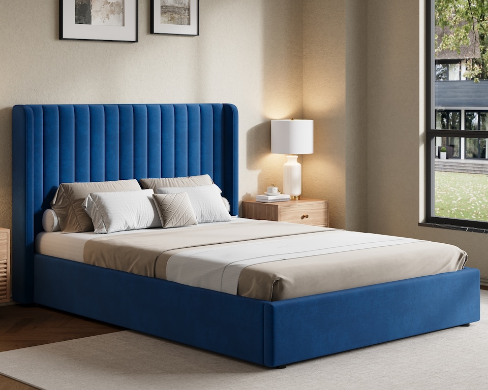 image 1 of Ezysleep Belgravia Velvet Upholstered Gas Lift Ottoman Storage Bed Frame Modern Design | Blue | Navy