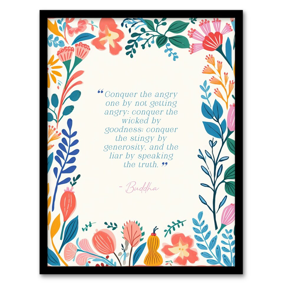 image 1 of Conquer Angry Buddha Mindfulness Quote Black Framed Wall Art Print A4