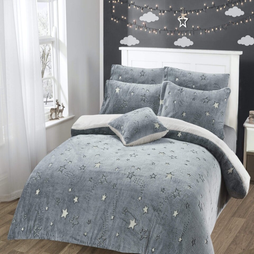 Stars Glow in the Dark Teddy Duvet Set - Single Grey | Grey | Single