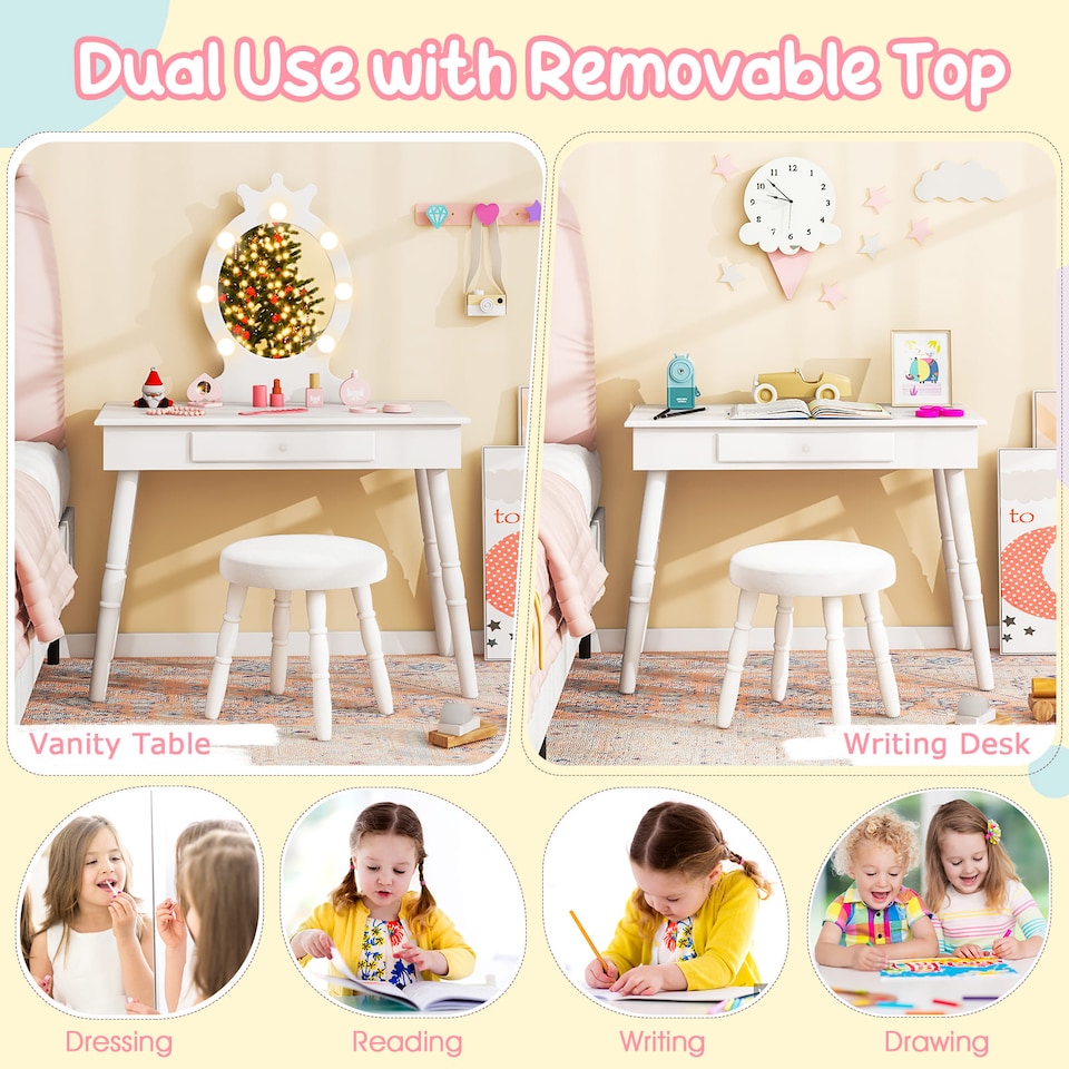 image 1 of COSTWAY Princess Vanity Table & Chair Set Kids Set White