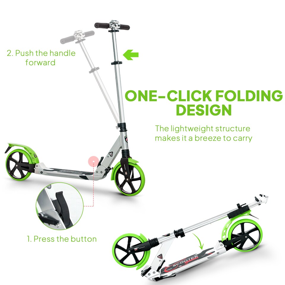image 1 of HOMCOM Folding Kick Scooter, Adjustable Ride On Scooter with 200mm Big Wheels and Double Shock Absorption, Urban Scooter for 14 older Teens Adult, Green | Green | Green | 94L x 38W x 90-105H cm