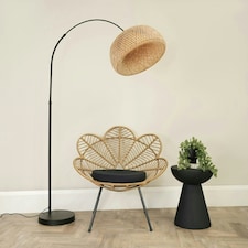 ValueLights Louis Black Arched Curved Floor Lamp with Bamboo Donut Lamp Shade