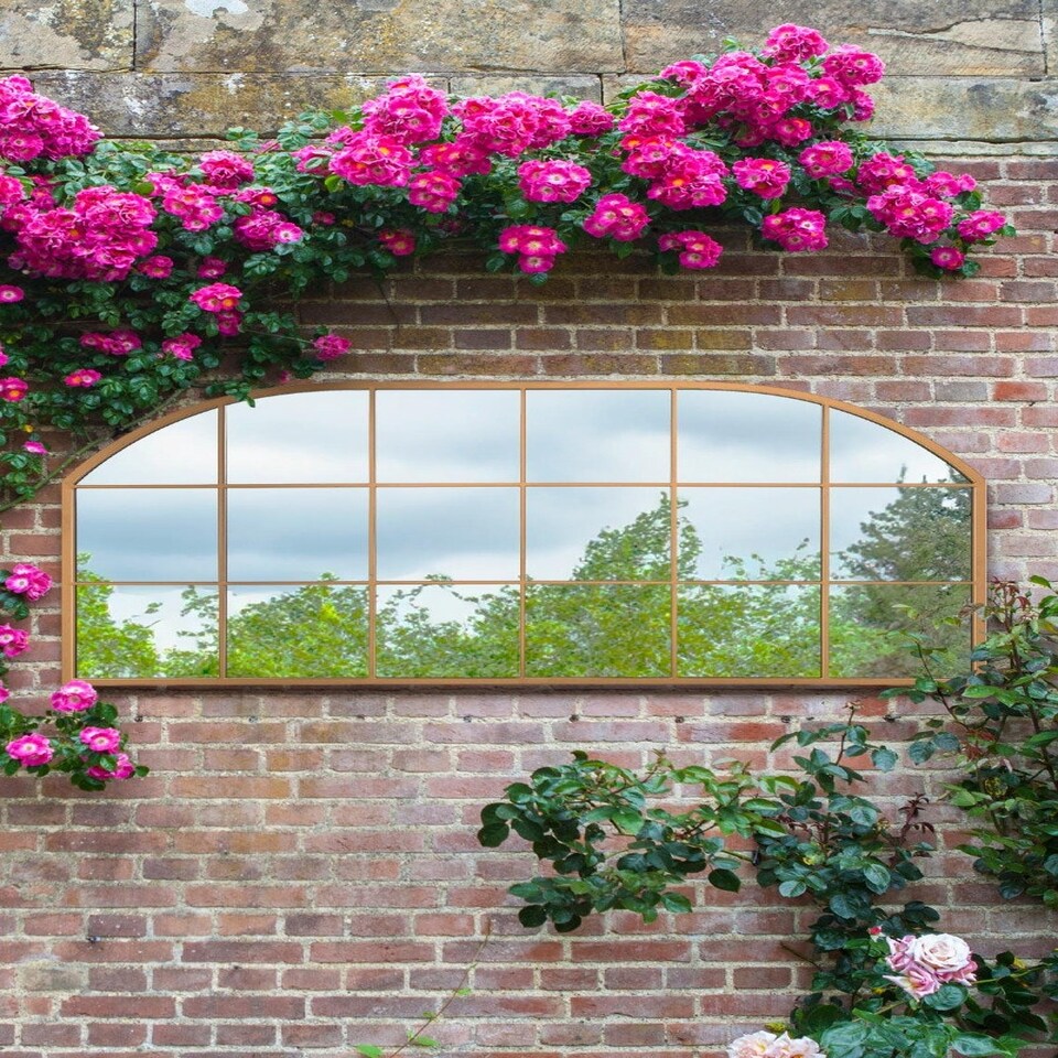 image 1 of The Arcus - Gold Metal Framed Window Arched Garden Wall or Fence Mirror 69" X 33" (174CM X 85CM) Gold