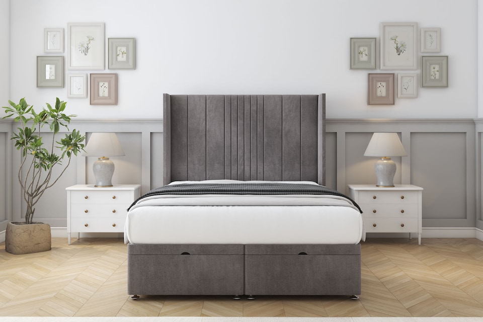 image 1 of Sloomy Hargrave Slate Naples Ottoman Bed Base With 54" Wingback Headboard 5' King | Grey | Slate | King | 1