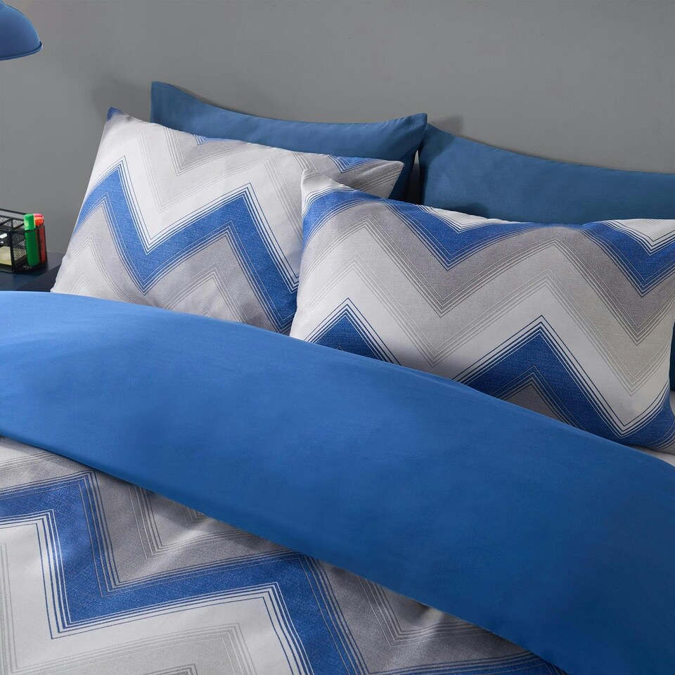 image 1 of OHS Abstract Zigzag Reversible Print Soft Duvet Cover Bedding Set, Double - Navy Blue/Grey Multi | Navy Blue and Grey | Double