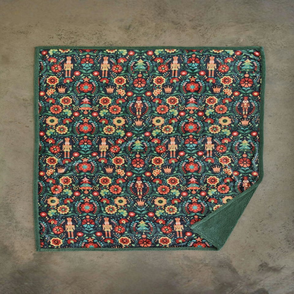 image 1 of Folkloric Nutcracker Throw – Navy Sherpa Blanket with Festive Nutcracker & Christmas Design 130x170cm | Multi | Navy | 1