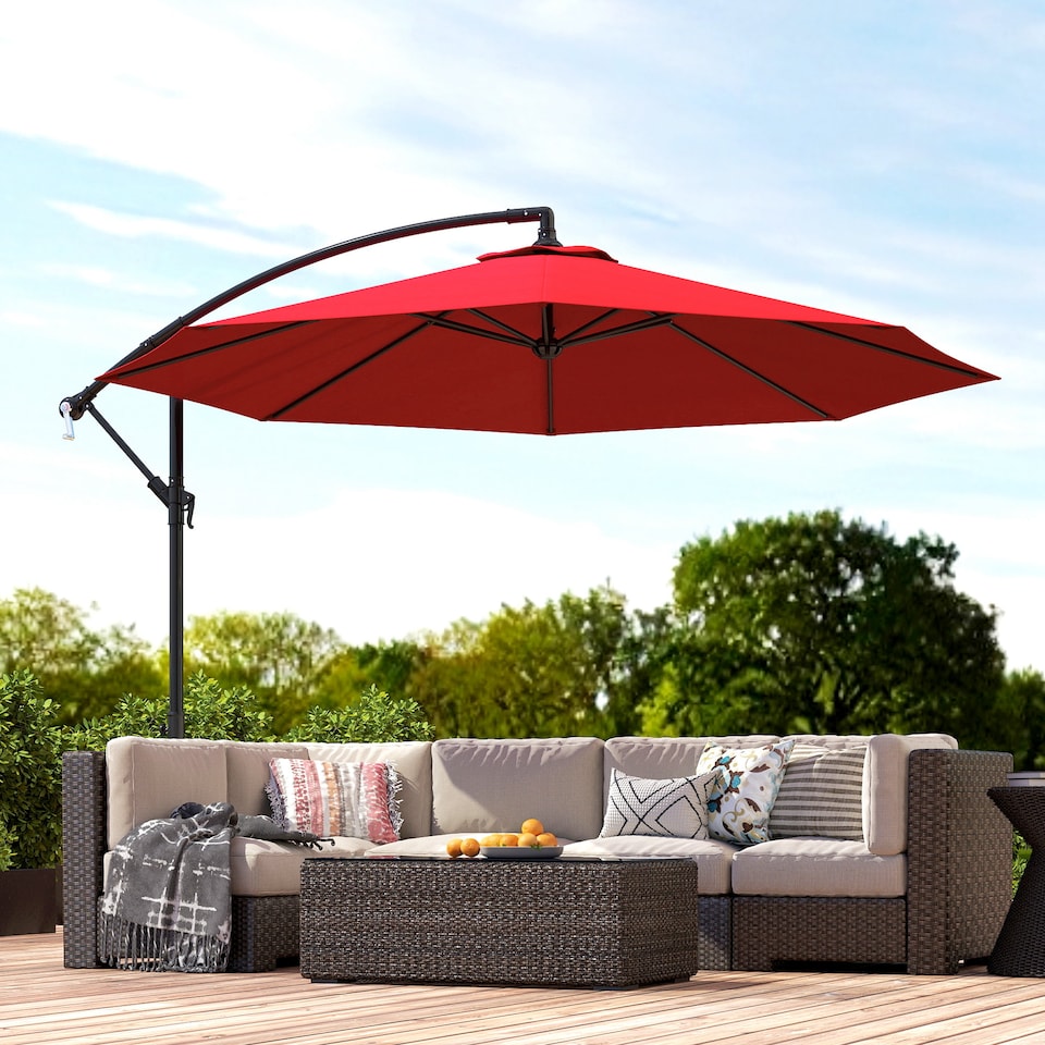 image 1 of Outsunny 3m Garden Banana Parasol Hanging Cantilever Umbrella with Crank Handle, 8 Ribs and Cross Base for Outdoor, Sun Shade, Wine Red