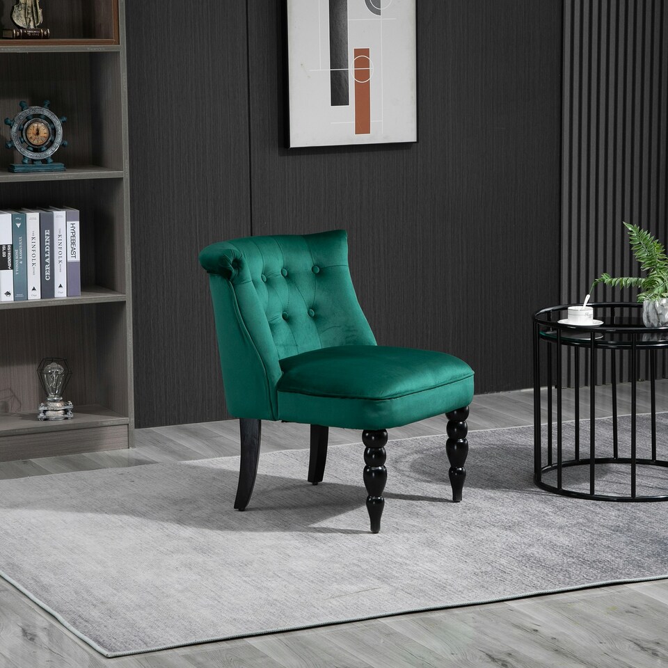 image 1 of HOMCOM Velvet Accent Chair Tufted Wingback Chair w/ Rubber Wood Legs Dark Green