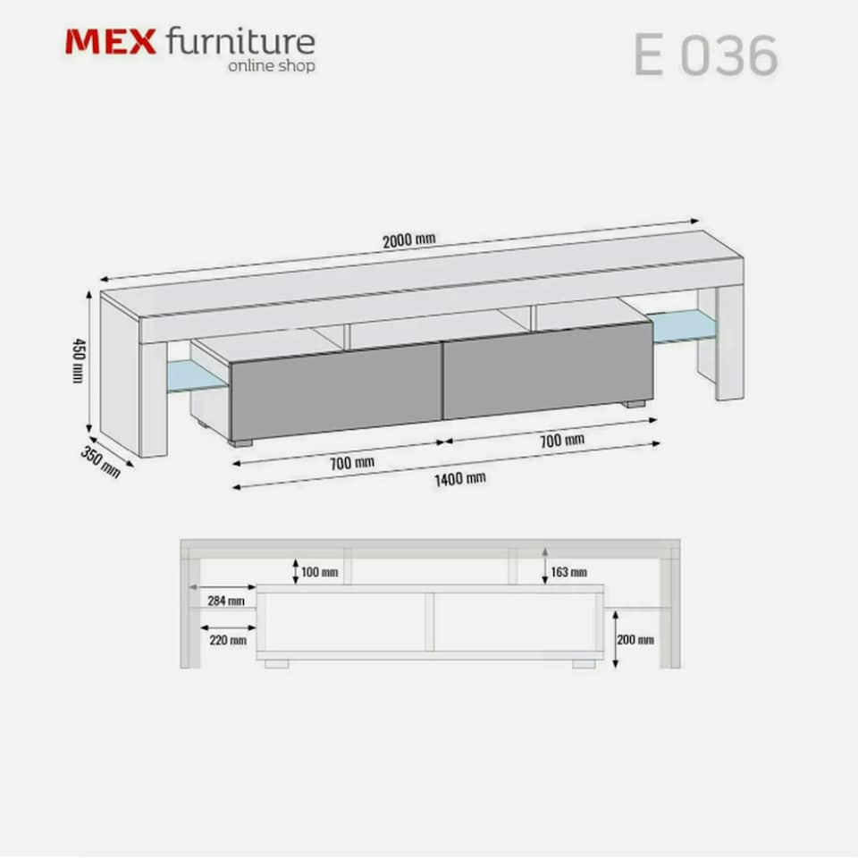 image 1 of TV Unit 200cm Grey Gloss Doors Grey Matt Frame Modern Media Cabinet Grey