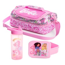 Barbie Girls Pink Lunch Bag with Bottle & Snack Pot | Stronger Together Zip-Up Carry Set | Adjustable Shoulder Strap | Back to School Cartoon Graphic Design | Barbie Merch