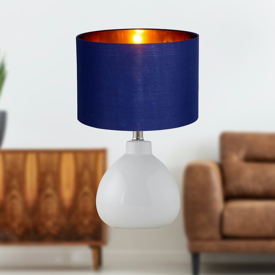 image 1 of First Choice Lighting Set of 2 Tuscan White Ceramic Lamps with Navy Blue & Gold Shade White | Blue