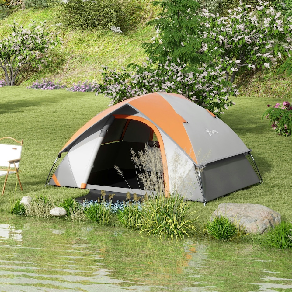 image 1 of Outsunny 2 Man Camping Tent w/ Sewn-in Groundsheet, 3000mm Waterproof, Orange