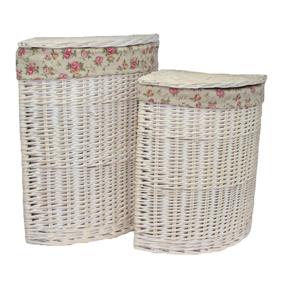 image 1 of Set of 2 Cotton Lined Wicker White Wash Corner Laundry Baskets | Grey | Grey